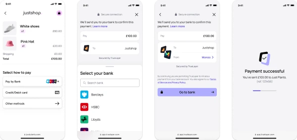 Four screens of the TrueLayer hosted payment flow